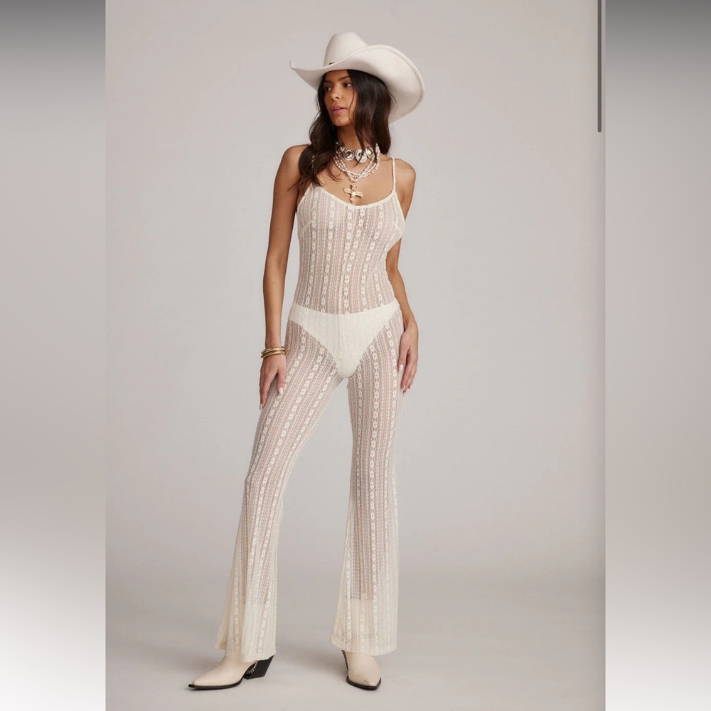 12th Tribe Cammie White Lace Sheer Jumpsuit